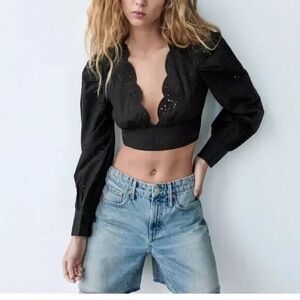 Zara Black Cropped Eyelet Blouse